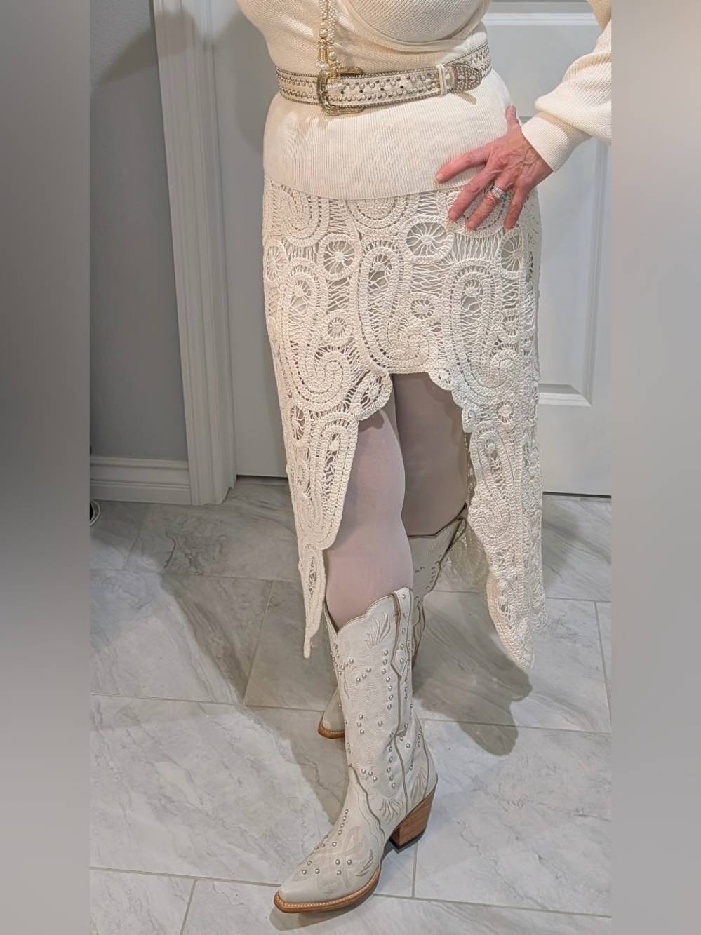 Ultra Pink Cream Crochet Asymmetrical High-Low Skirt